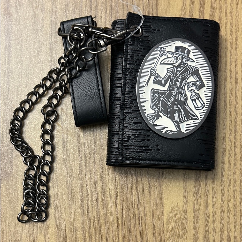 Hot Topic Black Wallet with Silver Chain and Plague Doctor Design